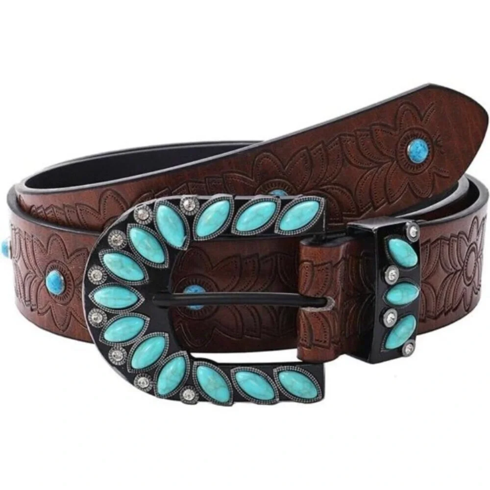 Brown Western Belt Woman Turquoise Cowgirl Belts for Jeans 28-38”